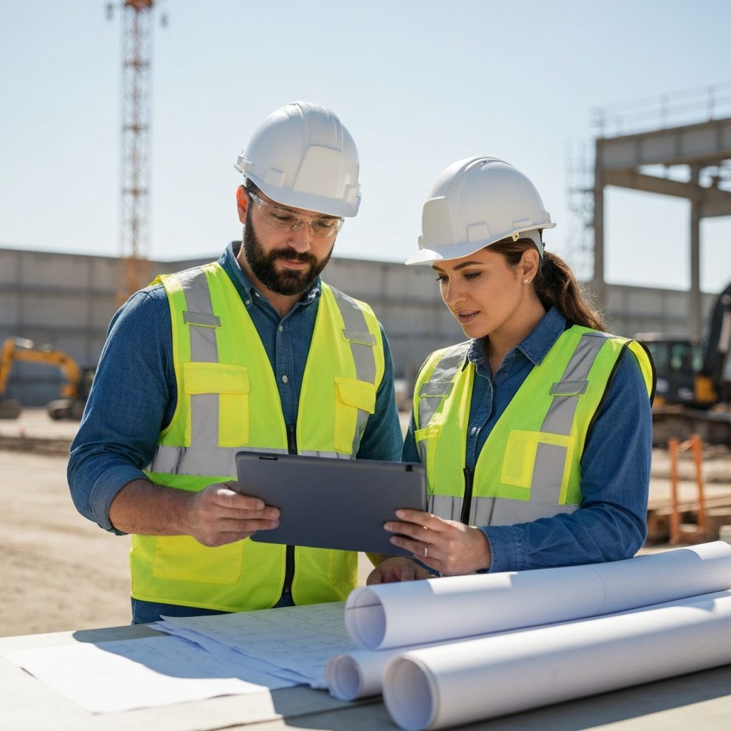 Man and woman safety professionals working together on a construction site